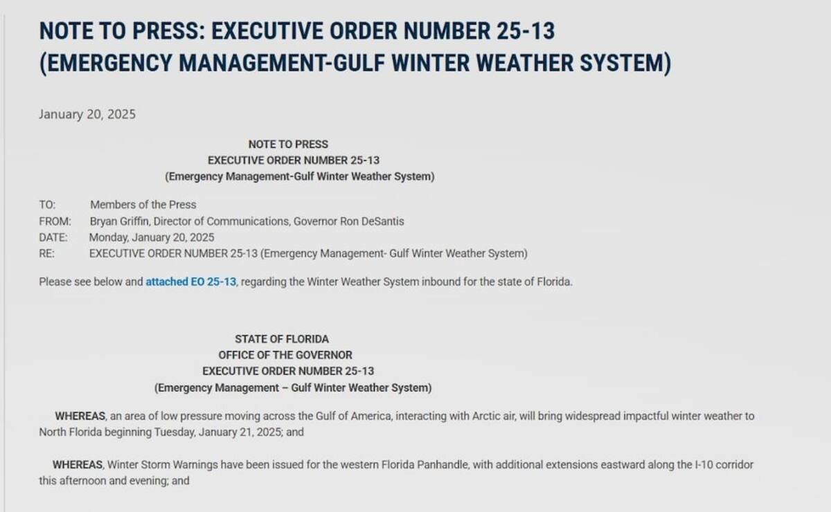 Orden ejecutiva en declaratoria de emergencia de Florida nombra "Golfo de América" al Golfo de México. | Captura de pantalla/El Universal