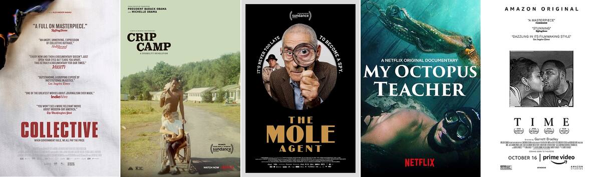 En esta combinación de fotos, los pósters de los documentales nominados al Oscar "Collectiv", "Crip Camp", "El agente topo", "My Octopus Teacher" y "Time". (Magnolia Pictures/Netflix/Gravitas Pictures/Netflix/Amazon Studios via AP)