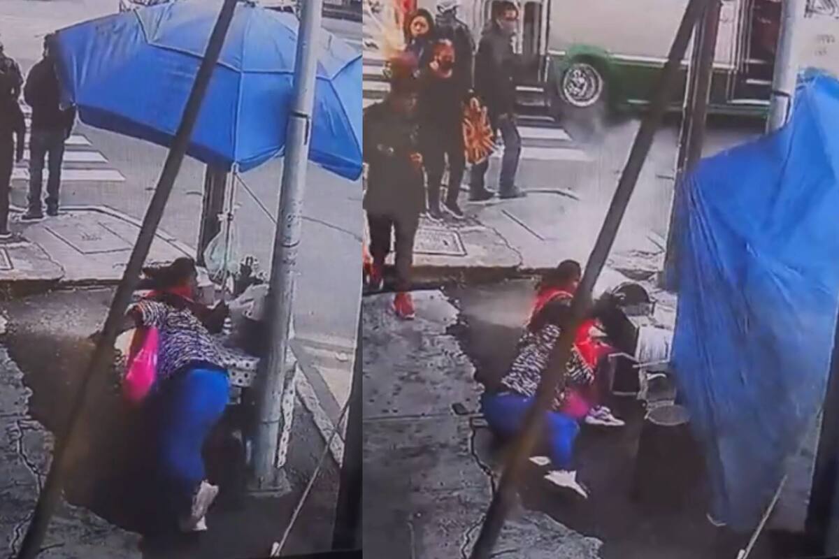 ¡Los tamales! se viraliza en redes caída de mujer que termina tirando todo un puesto de comida en CDMX
