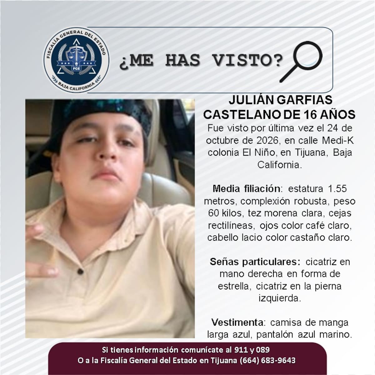Julián Garfias Castelano fue visto por última vez el 24 de octubre en la colonia El Niño, en Tijuana. Foto: Cortesía