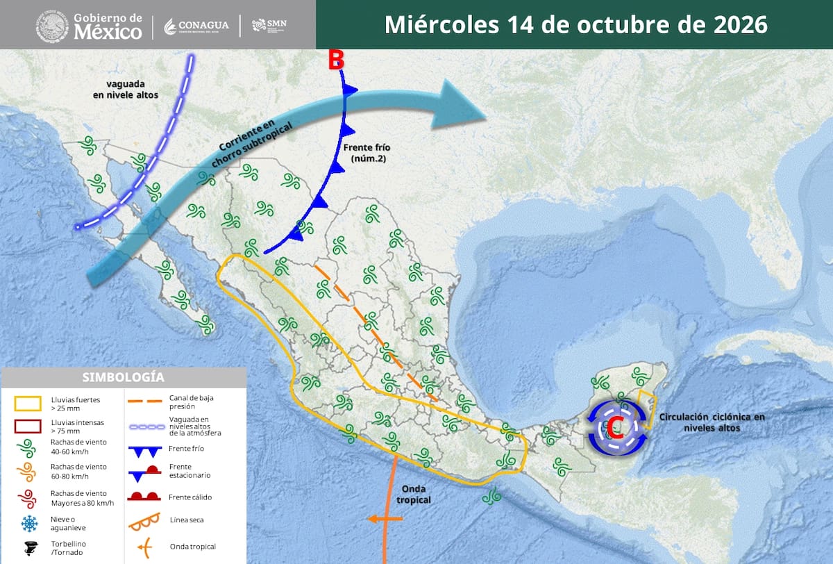 Pronóstico del clima para el miércoles 14 de octubre. | Crédito: SMN