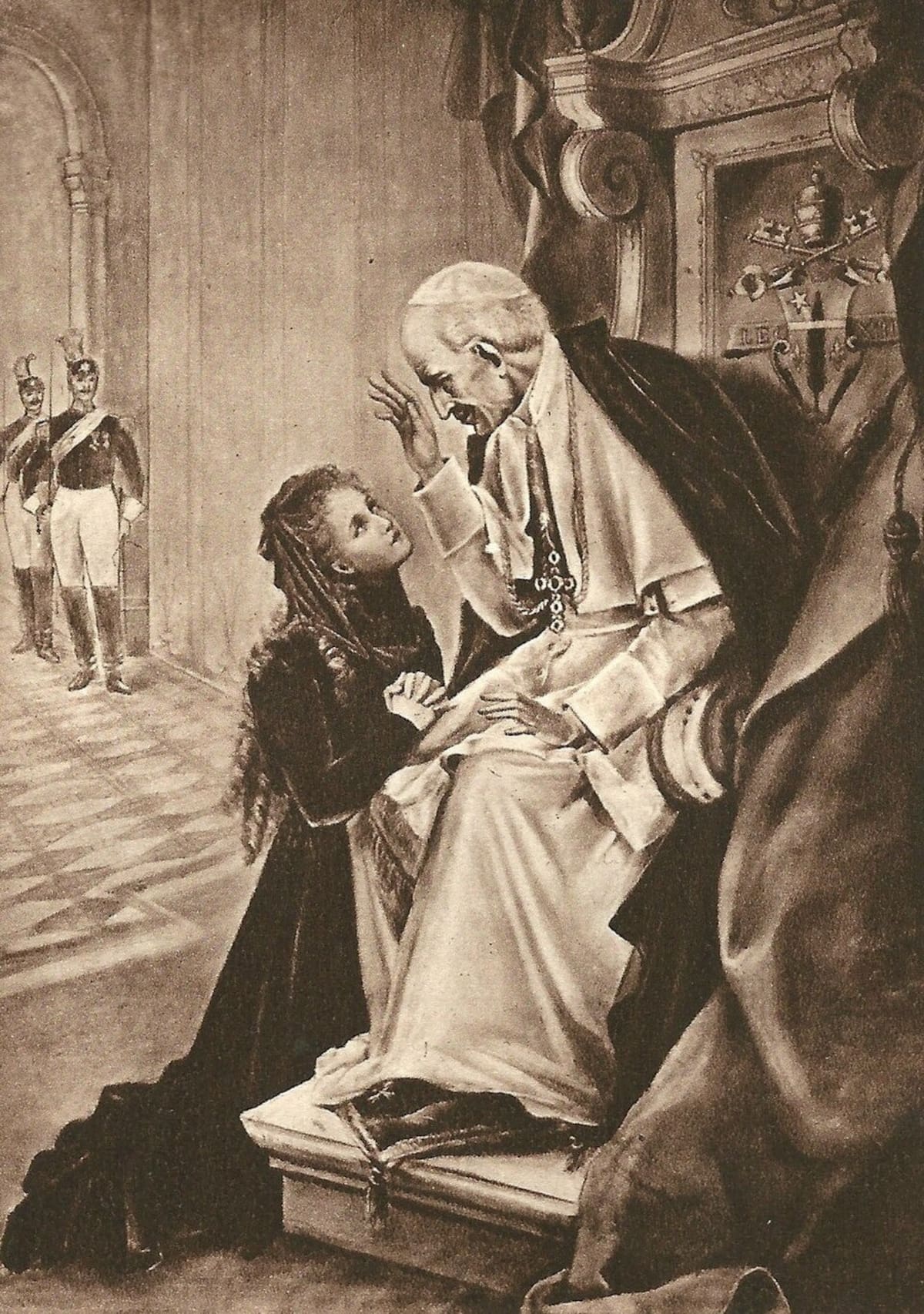 Teresa arrodillada ante León XIII, ilustración de 1940. Foto: WikiMedia Commons