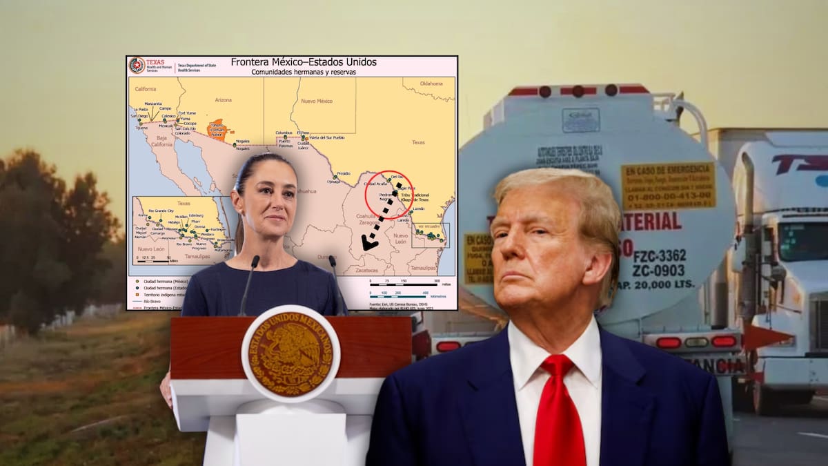 El aseguramiento ocurrió en el puente internacional Coahuila 2000, que conecta a Piedras Negras con Eagle Pass. Elementos de la Guardia Nacional detuvieron a dos tractocamiones de la empresa Skyline TG, los cuales transportaban 30 mil litros de combustible. Foto: Especial (Reuters/Presidencia/Departamento de Estado de Texas/Canva)