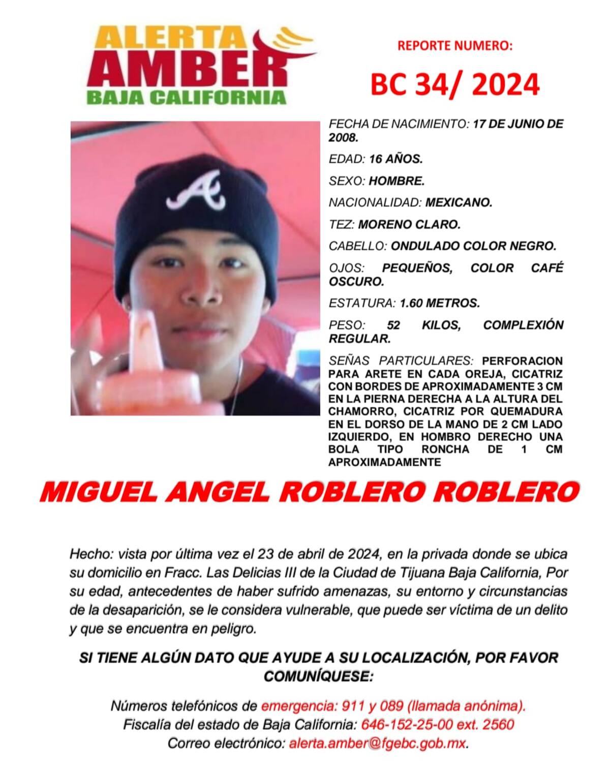 Activan Alerta Amber por Miguel Angel Roblero Roblero de 16 años