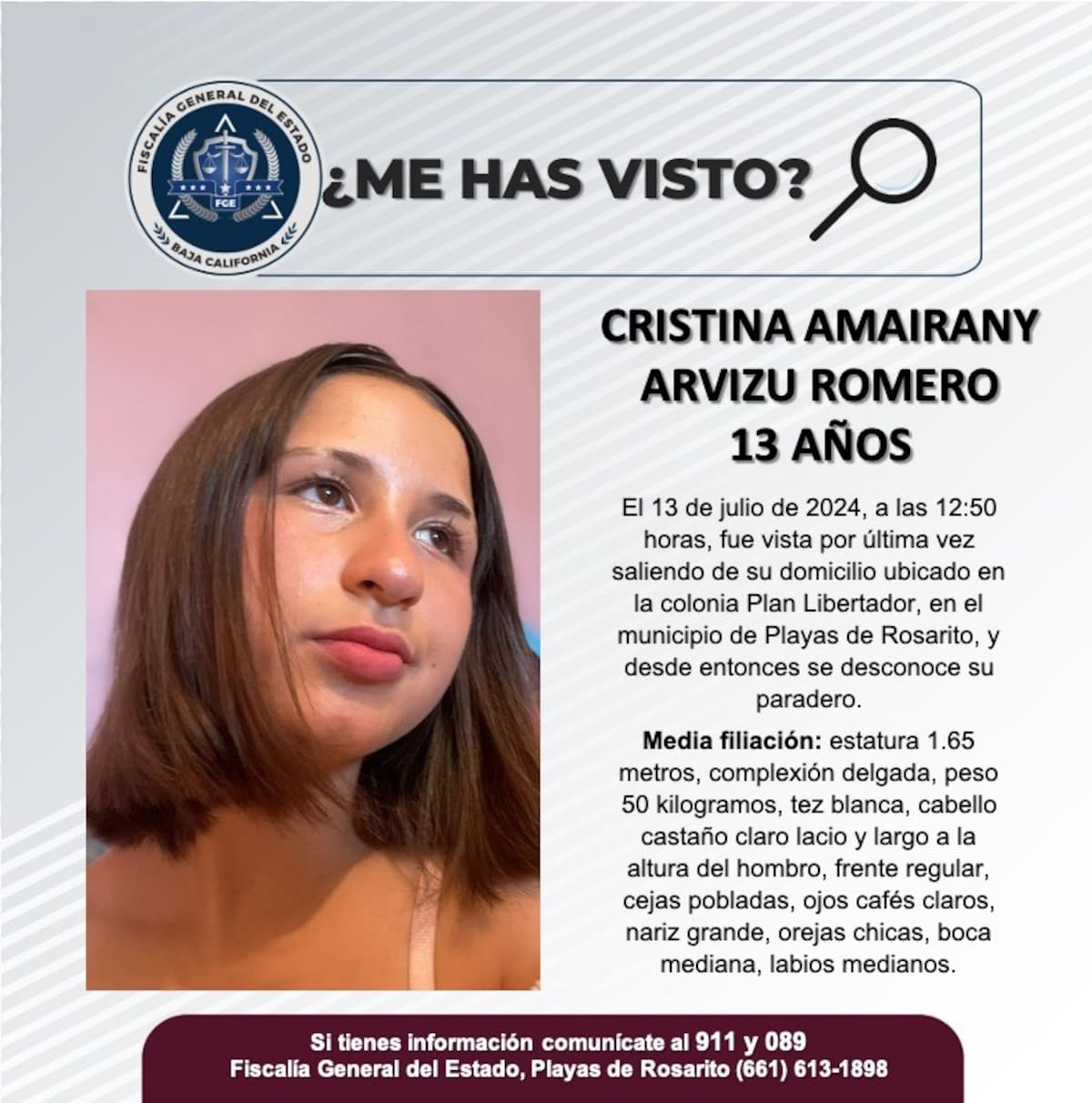 Cristina Amairany Arvizu Romero fue vista por última vez el 13 de julio del 2024.