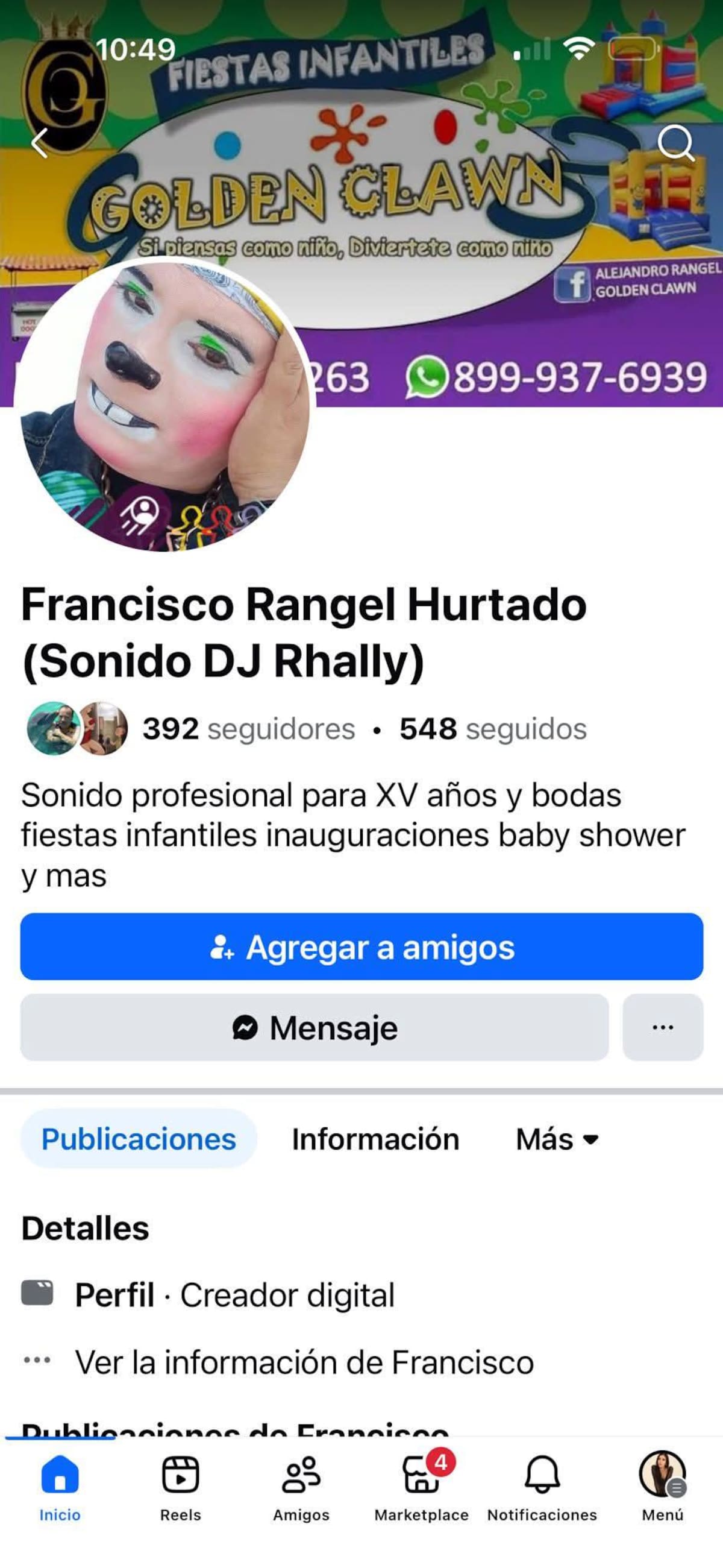 Francisco "N", alias Golden Clawn, ofrecía en redes sus servicios para XV años, Baby Shower, fiestas infantiles. etc. | Captura Facebook