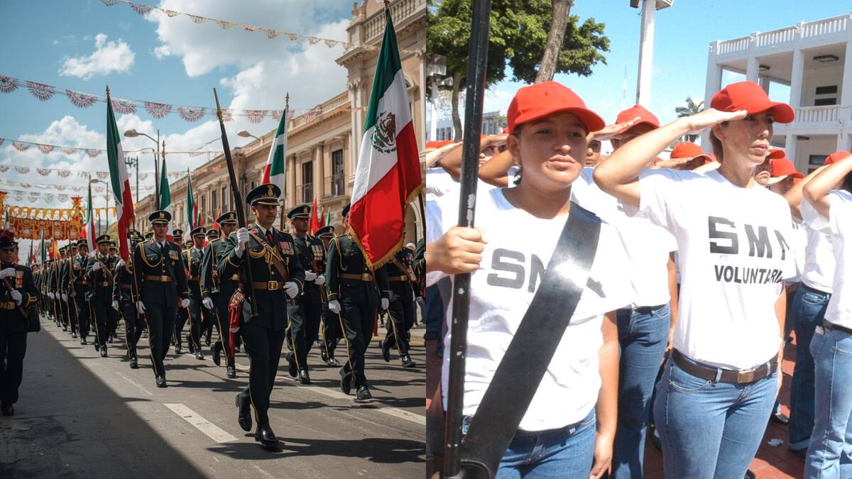 Marcha y mujeres voluntarias uniformadas con la vestimenta oficial del Servicio Militar Nacional de México. (Wikimedia Commons/Canva)