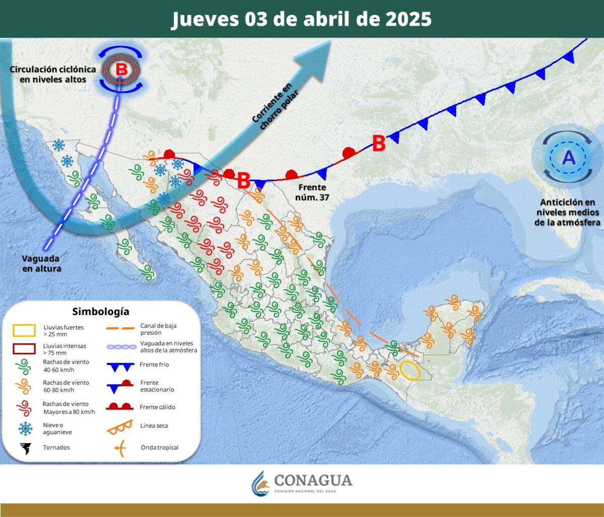 El frente núm. 37, en interacción con sistemas de baja presión y la corriente en chorro polar, generará vientos intensos y la posibilidad de nieve en estados como Baja California, Sonora y Chihuahua.