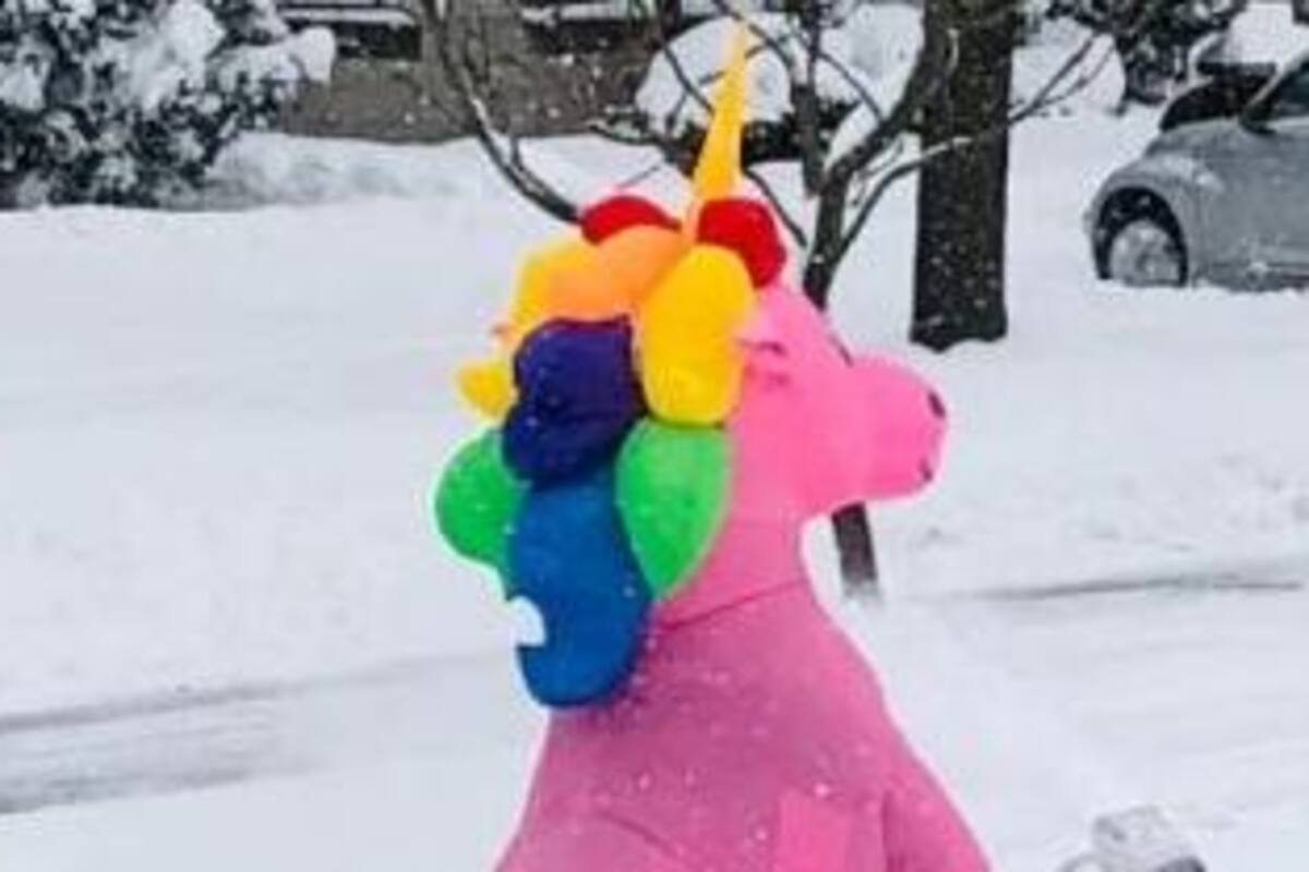 Unicornio barre la nieve de la banqueta de su casa