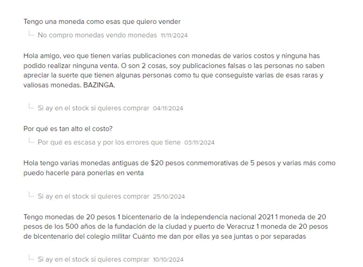 Algunos usuarios preguntaron en la página web el motivo por el que la moneda de 20 pesos es tan alta y el vendedor detalló algunas características de la pieza