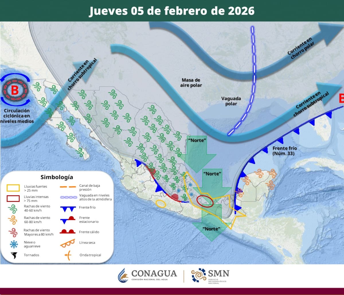 Pronóstico del clima para el jueves 5 de febrero del 2026. | Crédito: SMN