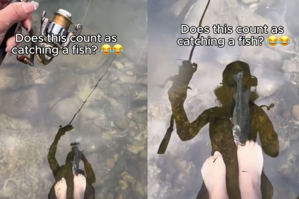 Una mujer estaba pescando en un río, pero al mirar hacia abajo se da cuenta de que un pescado estaba mordiendo su dedo gordo