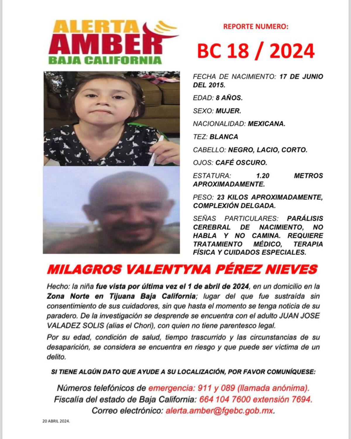 Alerta Amber de la menor Milagros Valentyna Pérez Nieves.