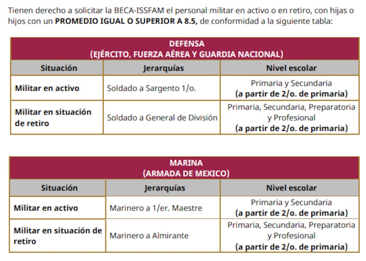 La convocatoria está dirigida a hijas e hijos de personal militar en servicio activo o en situación de retiro. | ISSFAM