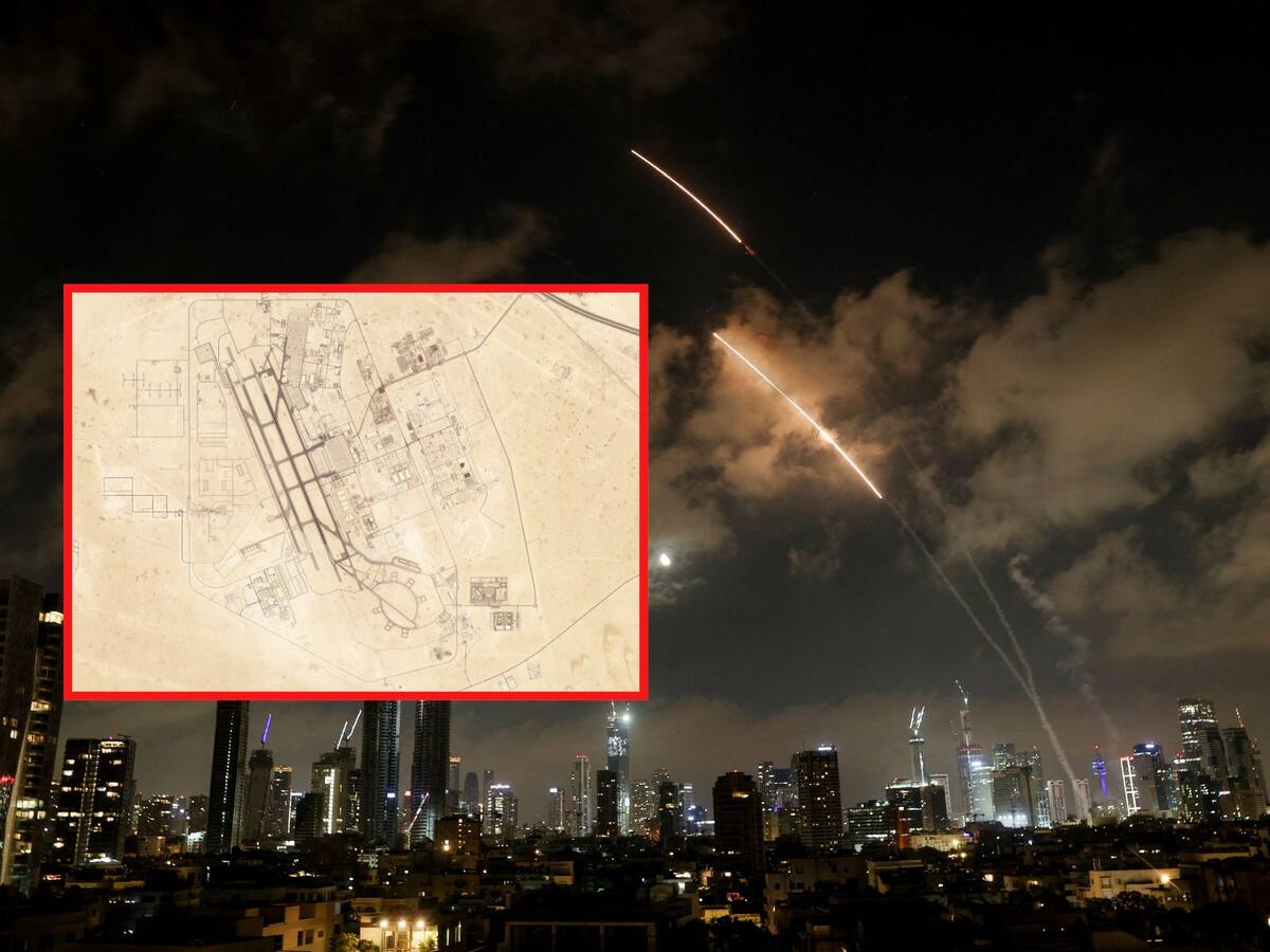 Irán lanza misiles contra base de EEUU en Qatar. Imagen ilustrativa del mapa satelital de Base Aérea de Al Udeid, en las afueras de Doha, Catar, y un Sistema antimisiles en funcionamiento durante el lanzamiento de un misil desde Irán, visto desde Tel Aviv, Israel. | Crédito: Planet Labs PBC vía AP/REUTERS