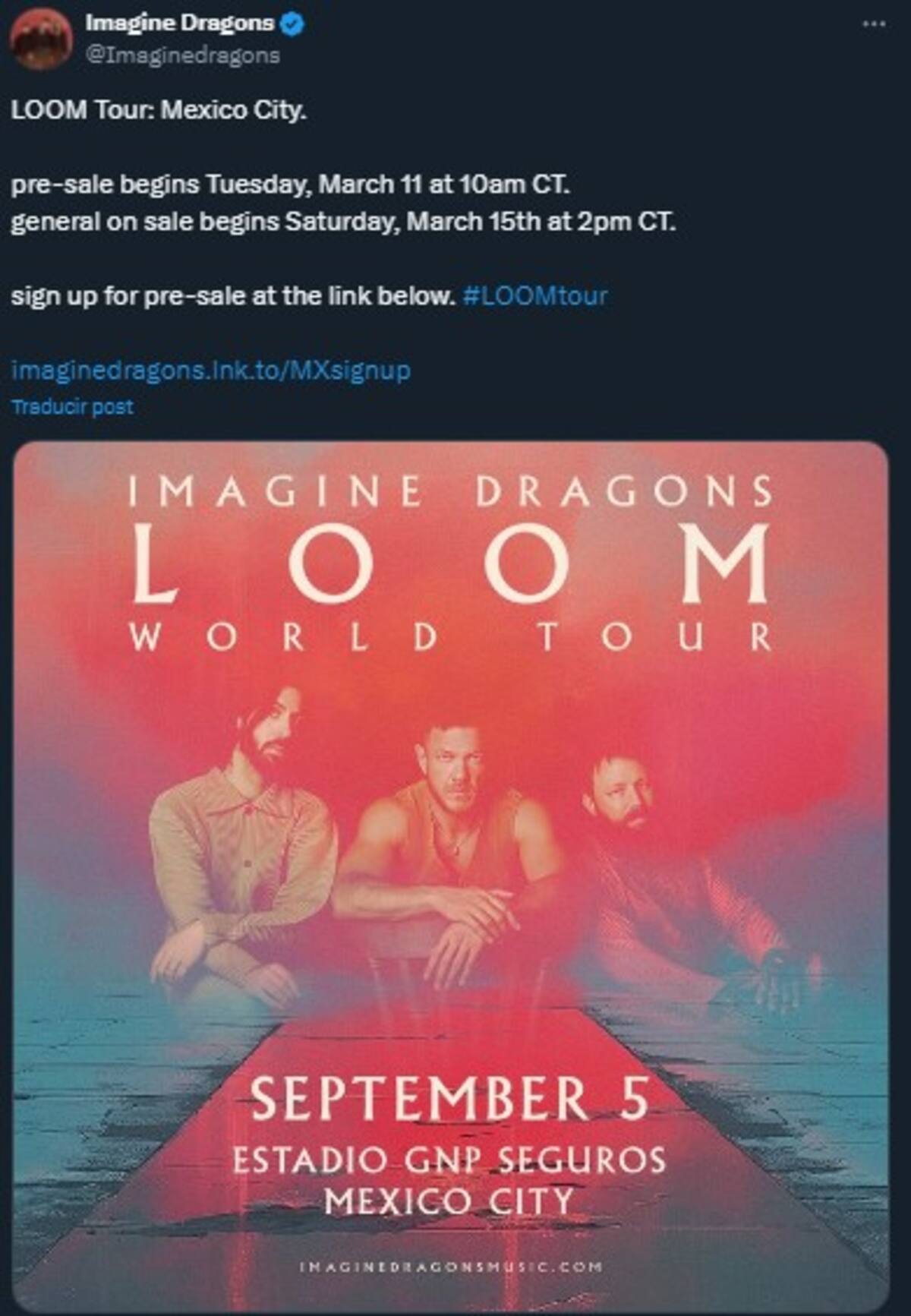 Imagine Dragons confirma concierto en Ciudad de México / Cuenta de X: @Imaginedragons