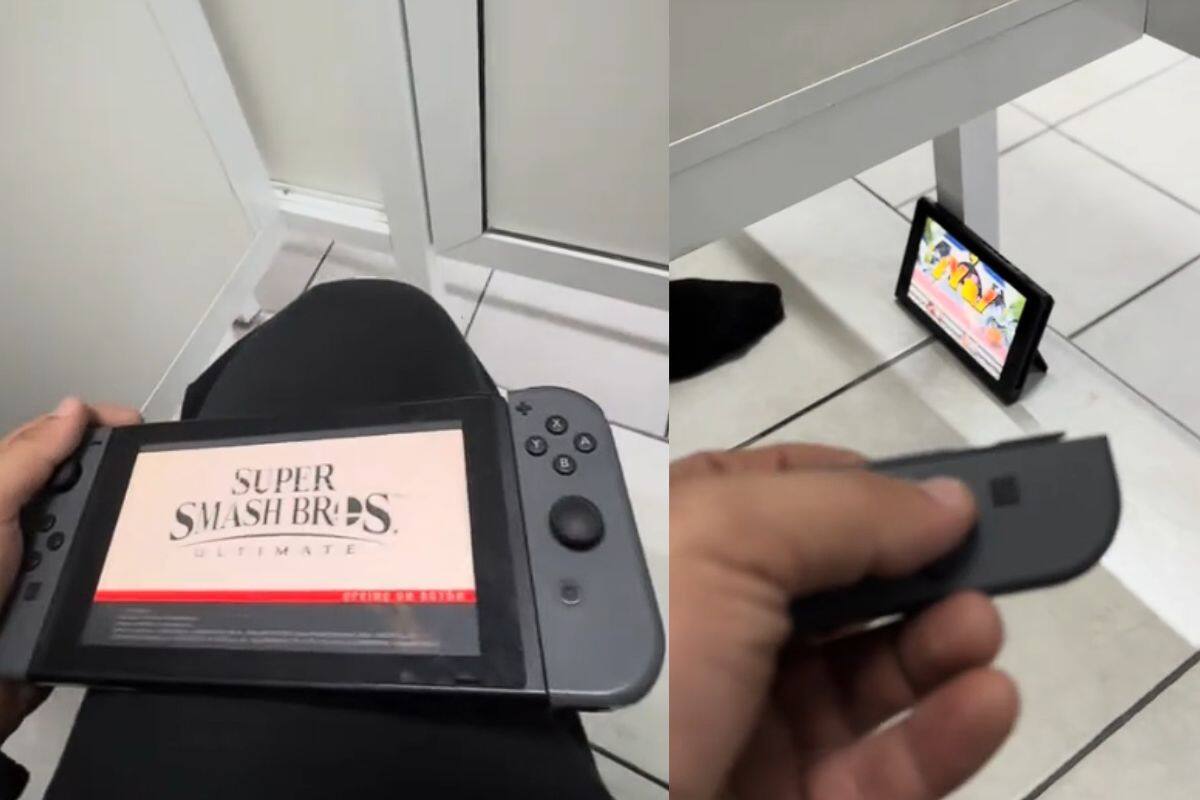 Hombre juega al “Super Smash Bros” en los baños públicos