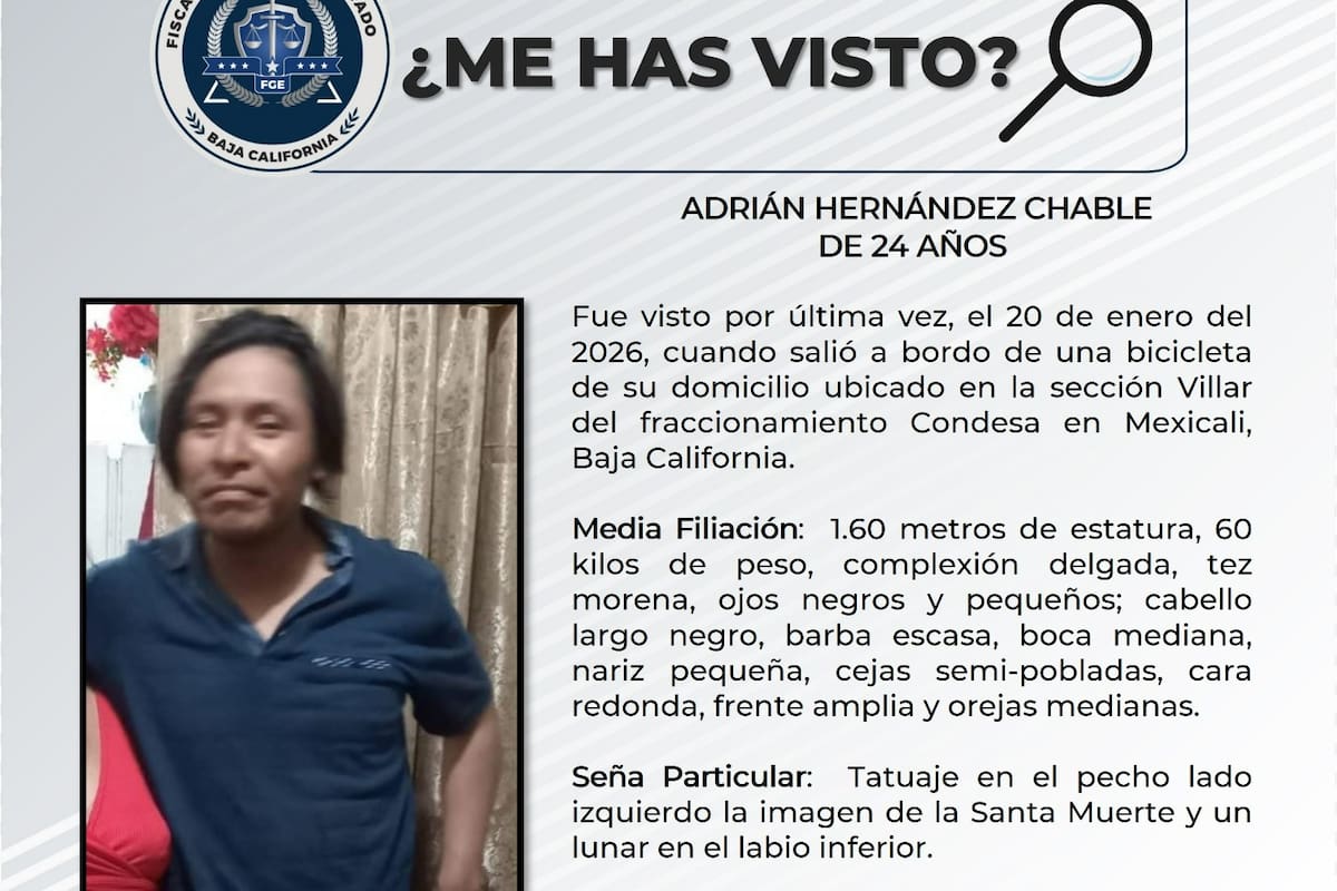 Buscan a Adrián Hernández Chable, desaparecido tras salir en bicicleta en Mexicali