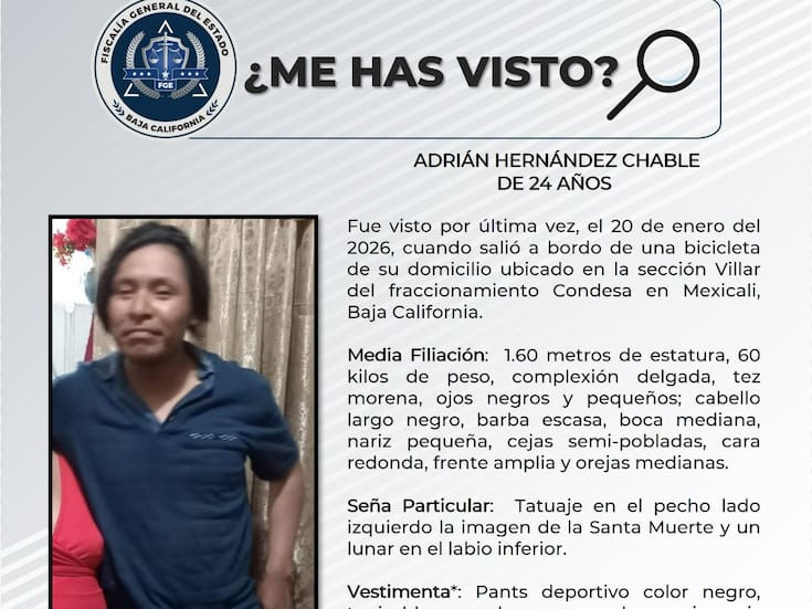 Buscan a Adrián Hernández Chable, desaparecido tras salir en bicicleta en Mexicali