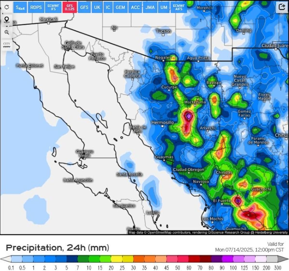 Aviso meteorológico sobre tormentas emitido por Protección Civil Sonora el domingo 13 de junio. Foto: redes sociales