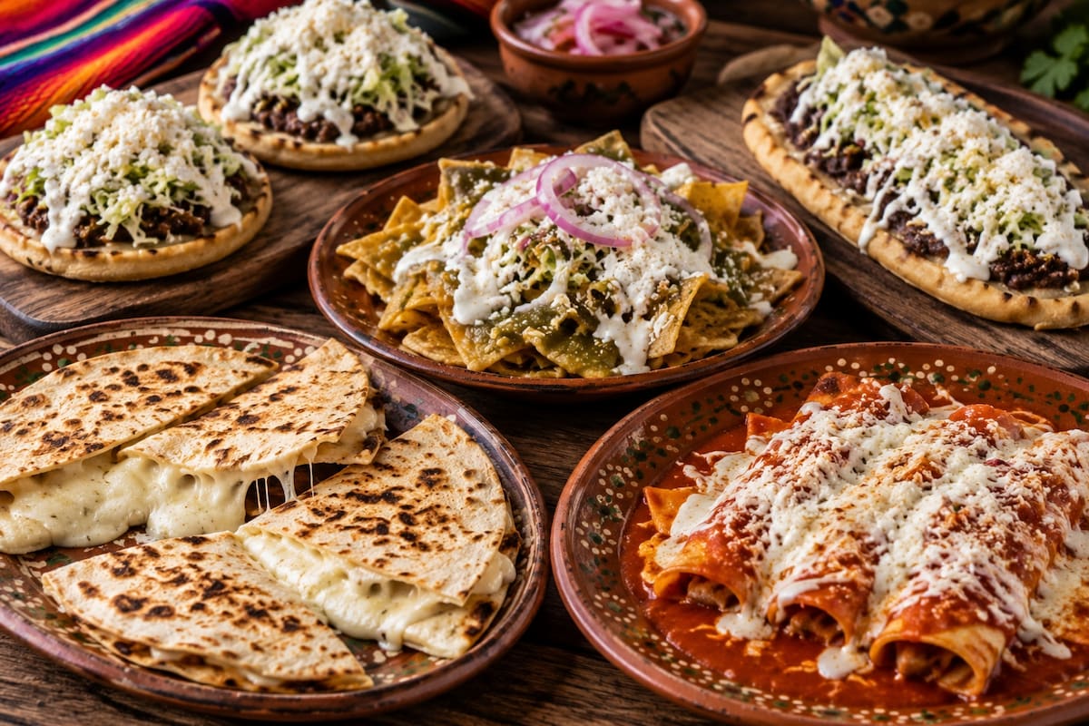 Quesadillas, sopes, huaraches, chilaquiles y enchiladas muestran algunas de las preparaciones mexicanas en las que el queso se utiliza como ingrediente principal o complemento. | Crédito: Imagen hecha con IA de ChatGPT