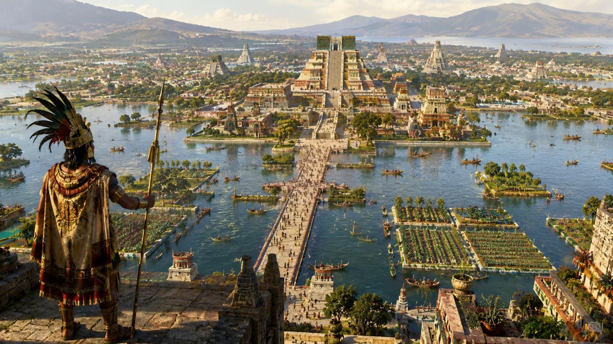 Cuando los españoles llegaron a Tenochtitlán encontraron una ciudad construida sobre lagos y canales con mercados, acueductos y jardines flotantes que sorprendieron a los cronistas europeos del siglo XVI