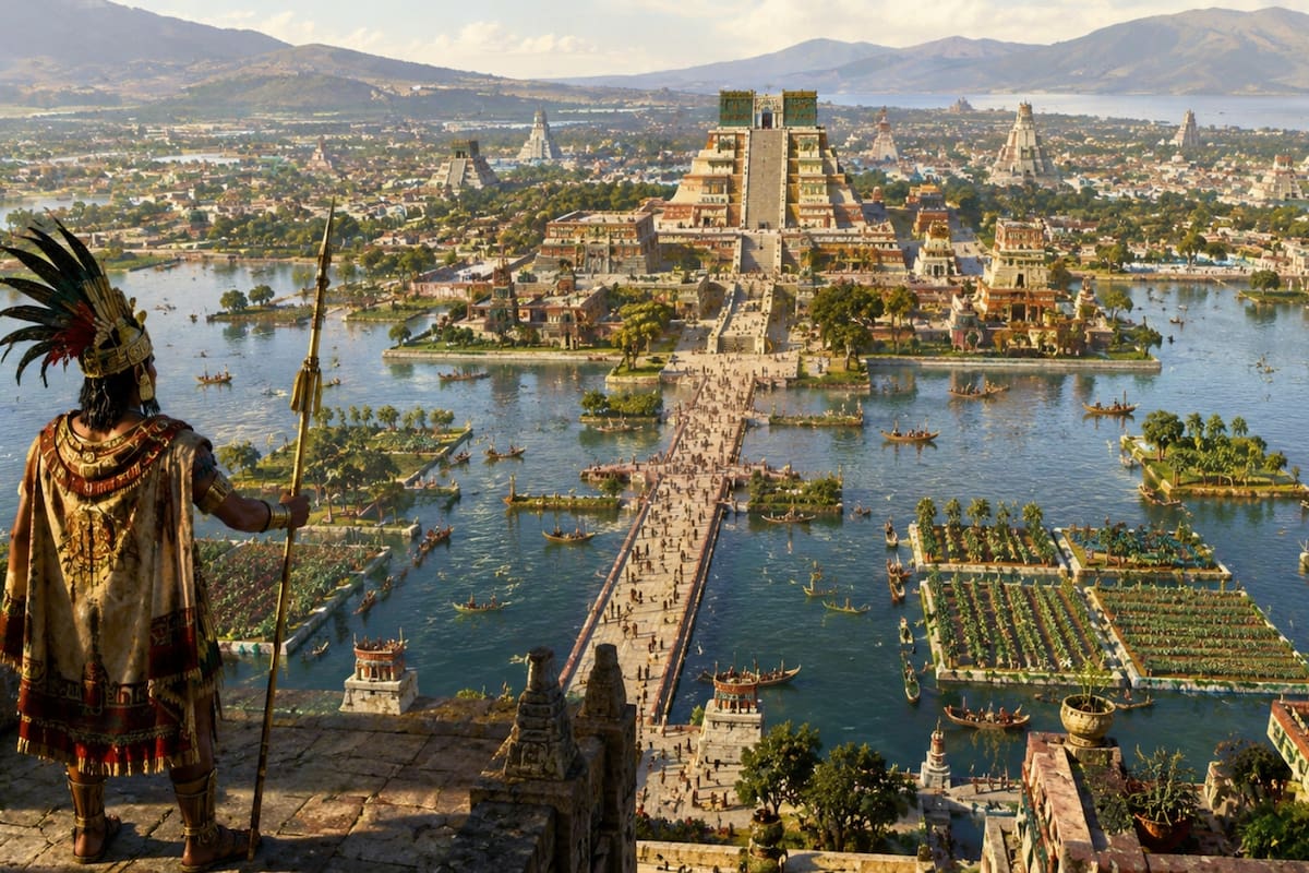 Cuando los españoles llegaron a Tenochtitlán encontraron una ciudad construida sobre lagos y canales con mercados, acueductos y jardines flotantes que sorprendieron a los cronistas europeos del siglo XVI