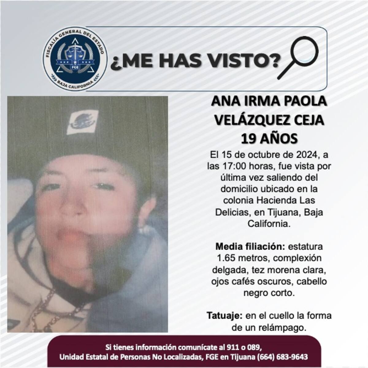 Ana Irma Paola Velázquez Ceja fue vista por última vez el 15 de octubre de 2024.