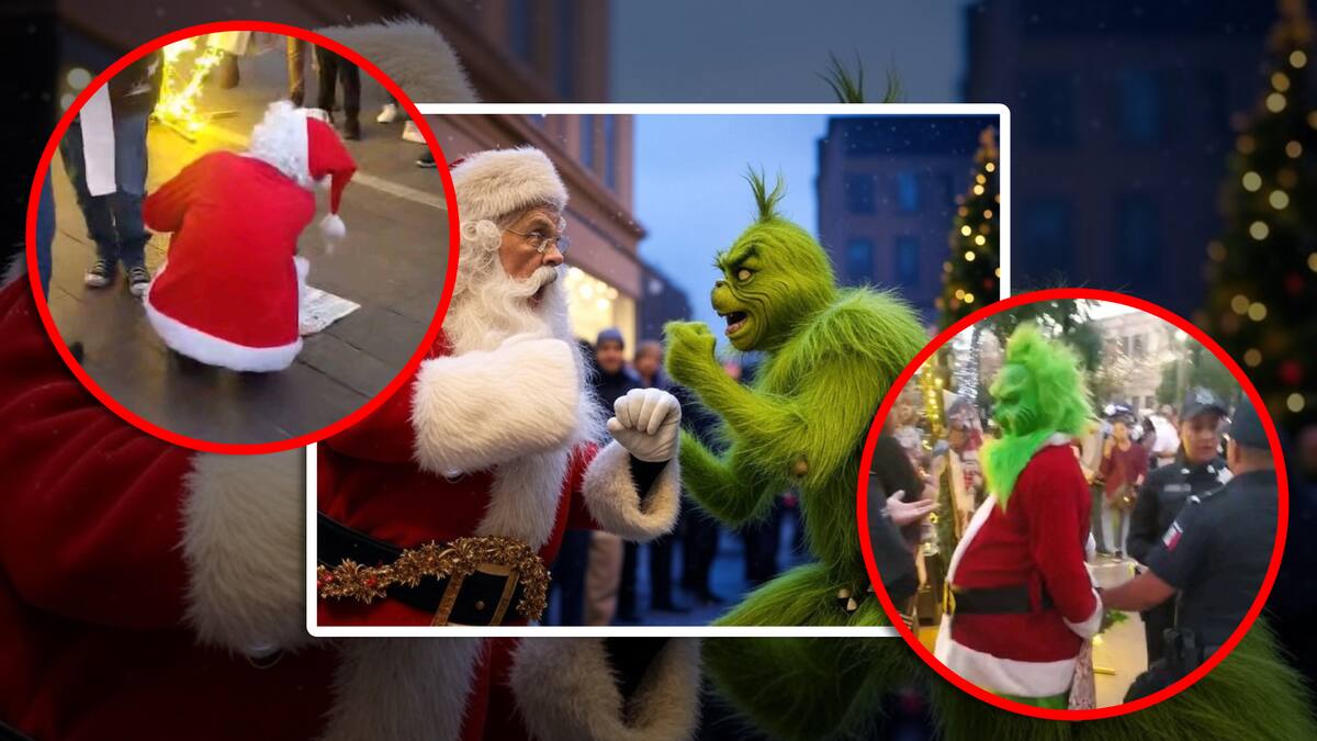 VIDEO: Grinch casi se roba la navidad al pelear contra Santa Claus en pleno centro de la ciudad