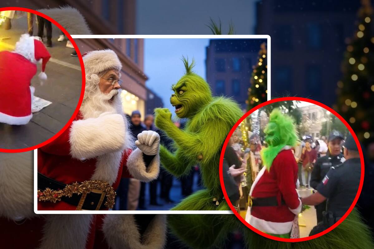 VIDEO: Grinch casi se roba la navidad al pelear contra Santa Claus en pleno centro de la ciudad