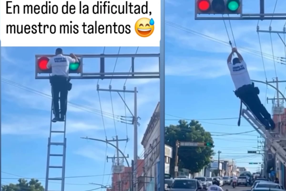 Hombre que reparaba un semáforo cae, pero se salva con sorprendentes dotes de gimnasia y se vuelve viral