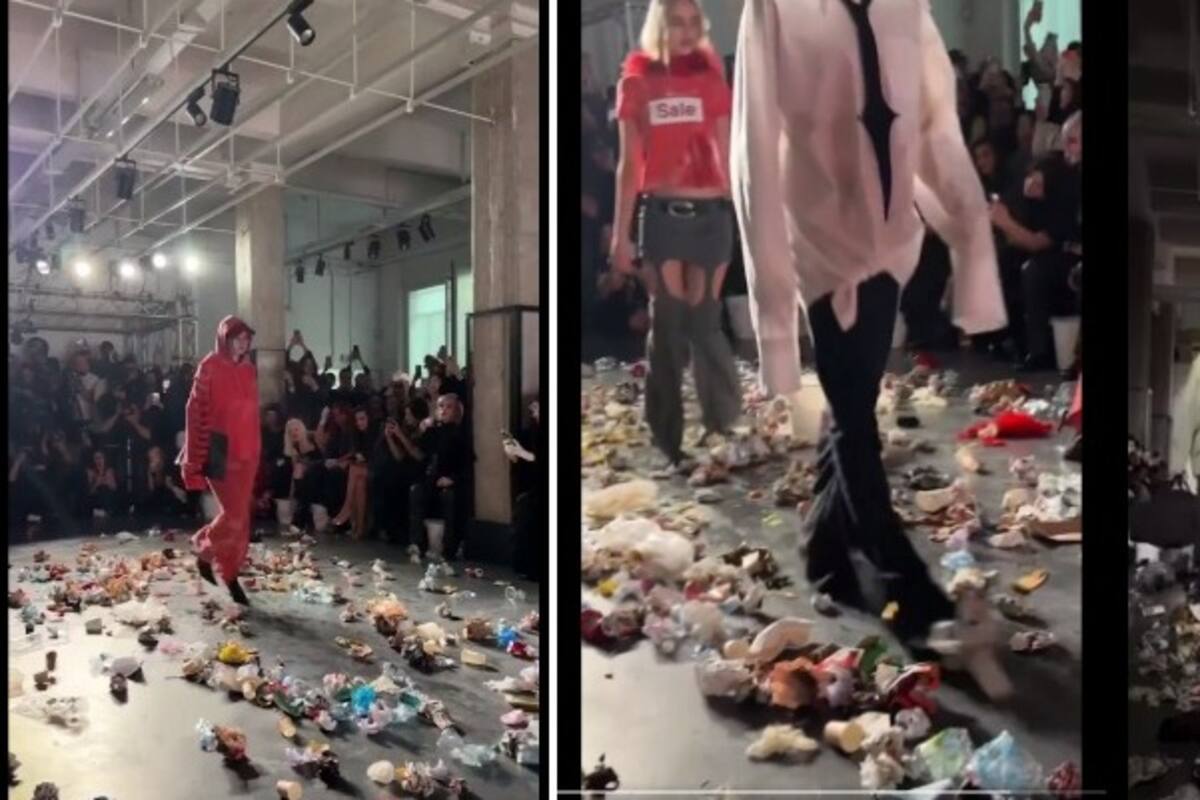 Desfile de moda inusual donde se arroja basura a las modelos