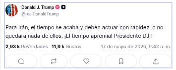 Trump advierte a Irán que “se le acaba el tiempo” para lograr un acuerdo nuclear con EEUU.