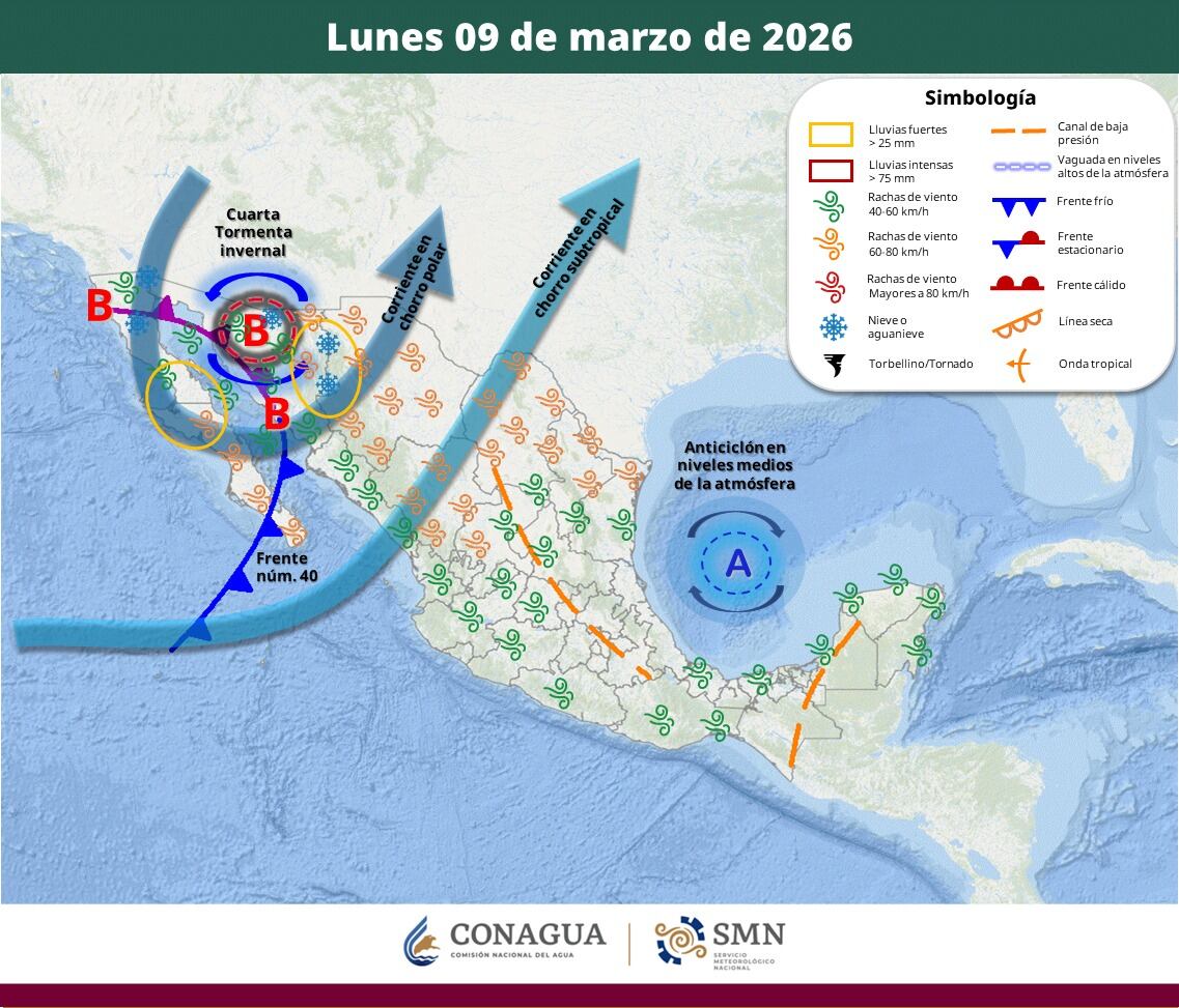 Pronóstico del clima para el lunes 9 de marzo del 2026. | Crédito: SMN