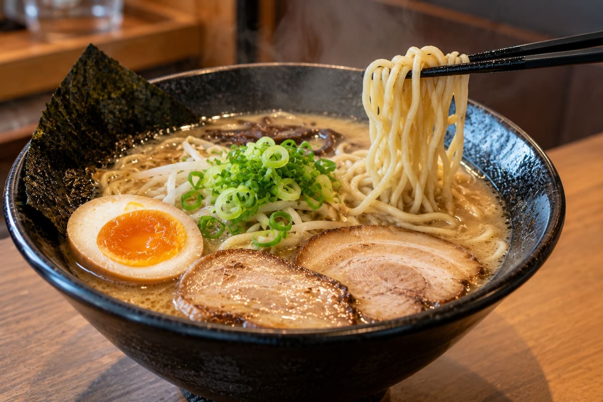 El ramen japonés combina fideos de trigo con caldo y diferentes ingredientes, como cerdo, huevo, cebollín y alga nori. | Crédito: Imagen hecha con IA de ChatGPT