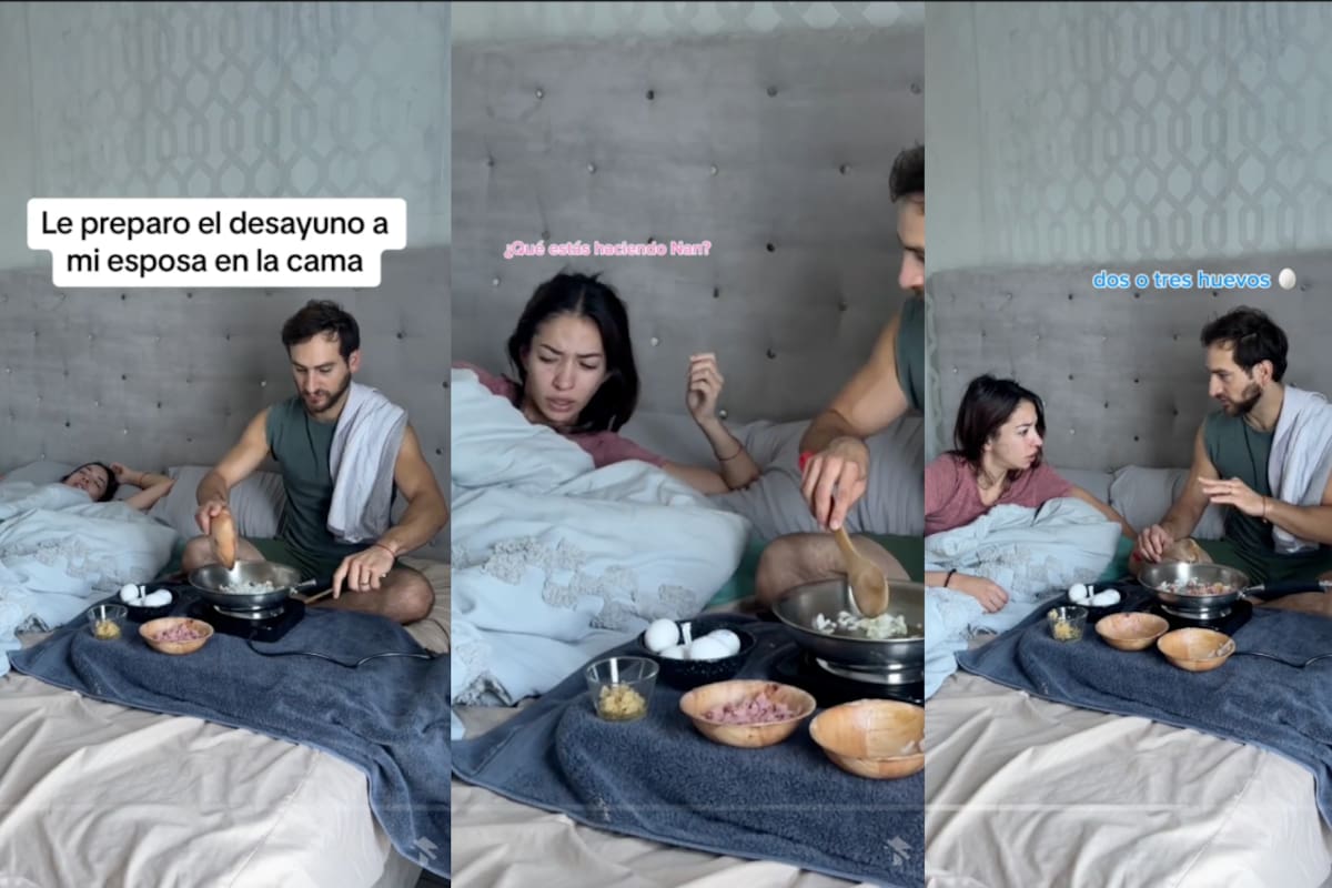 Hombre le hace PESADA broma a su esposa: ¡se pone a cocinar el desayuno en la cama, justo al lado de ella!