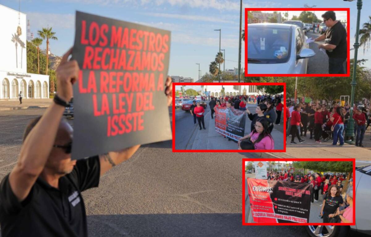 Bloquean maestros cruce del bulevar Luis Encinas y Rosales para protestar en contra de la reforma del ISSSTE en Hermosillo.