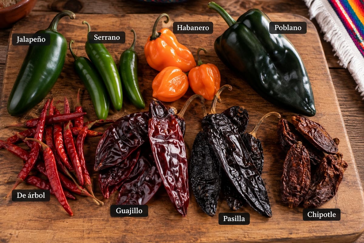 Variedad de chiles utilizados en la gastronomía mexicana, entre ellos jalapeño, serrano, habanero, poblano, de árbol, guajillo, pasilla y chipotle. | Crédito: Imagen generada por IA de ChatGPT