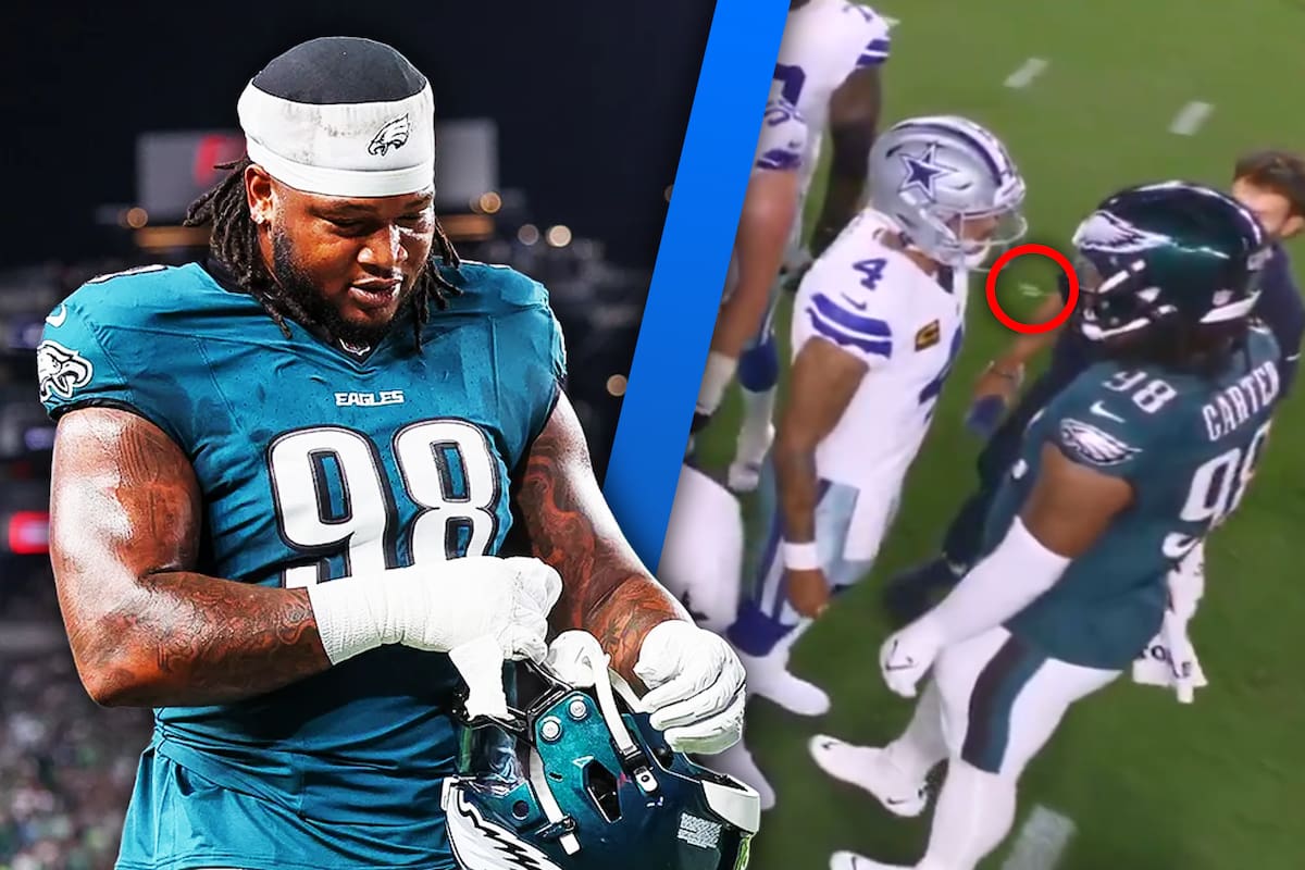 Jalen Carter de Philadelphia Eagles recibe expulsión por escupir a jugador en el primer minuto de la temporada