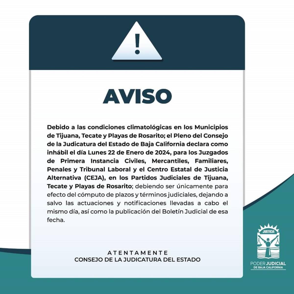 Aviso del Consejo de la Judicatura del Estado. Foto: Cortesía