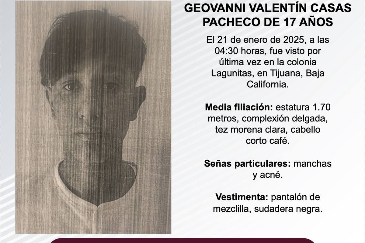 Se busca a Geovanni Valentín Casas Pacheco de 17 años