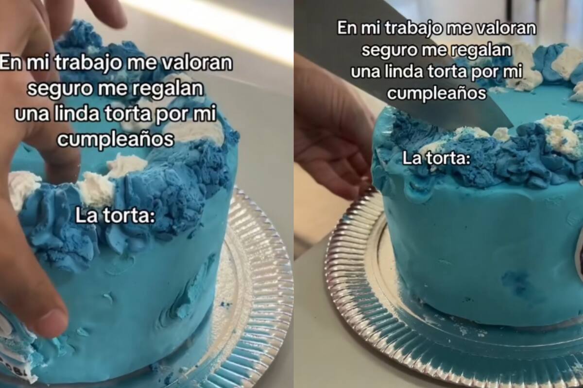 Trabajador muestra cómo le regalaron un pastel en su trabajo, pero resulta ser de unicel