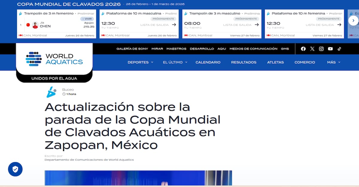 Cancelan Copa Mundial de Clavados en Zapopan tras hechos de violencia en Jalisco. Foto: worldaquatics