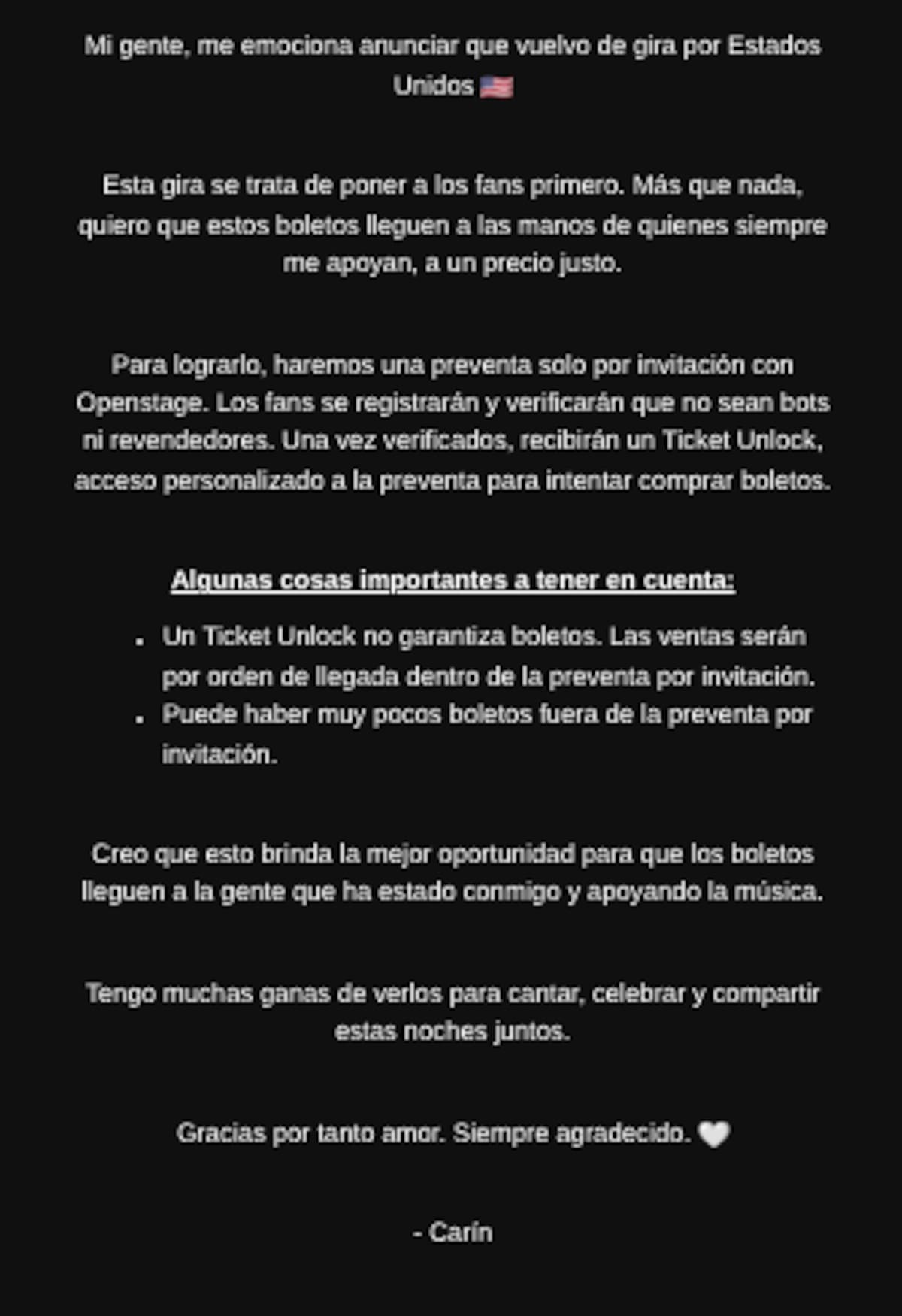 Carín León prioriza a sus fans y crea estrategias para evitar reventas de boletos | Carín León Newsletter