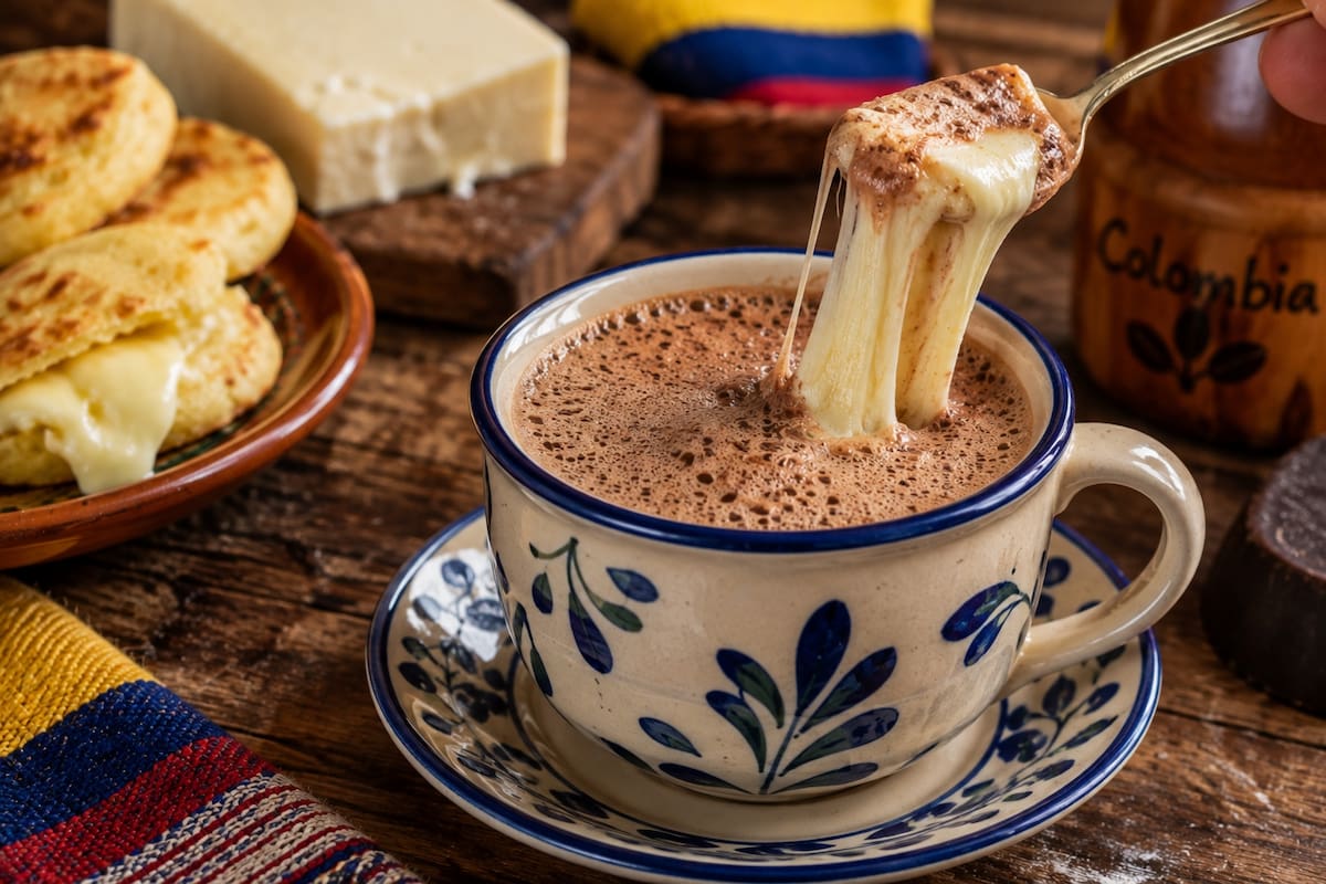 En Colombia, una de las formas tradicionales de consumir chocolate caliente es agregarle queso para que se derrita dentro de la bebida y acompañarlo con pan o arepas. | Crédito: Imagen hecha con IA de ChatGPT