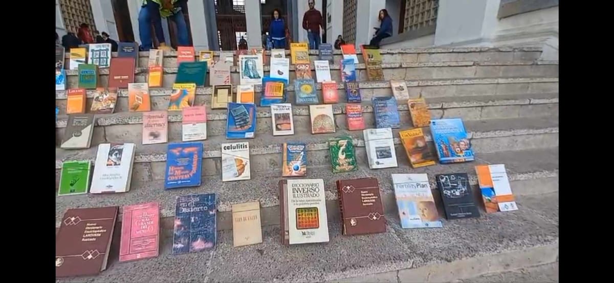 Decenas de libros esperan a nuevos lectores en las escalinatas de la Biblioteca Fernando Pesqueira, como parte de la Siembra y Cosecha de Libros 2024. / Foto: Leonor Hernández