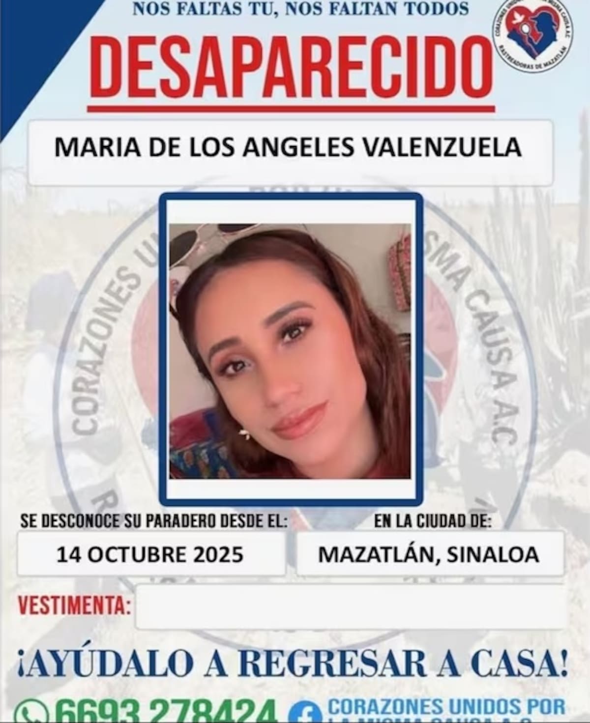 Ficha de búsqueda de María de los Ángeles, madre buscadora reportada como desaparecida.