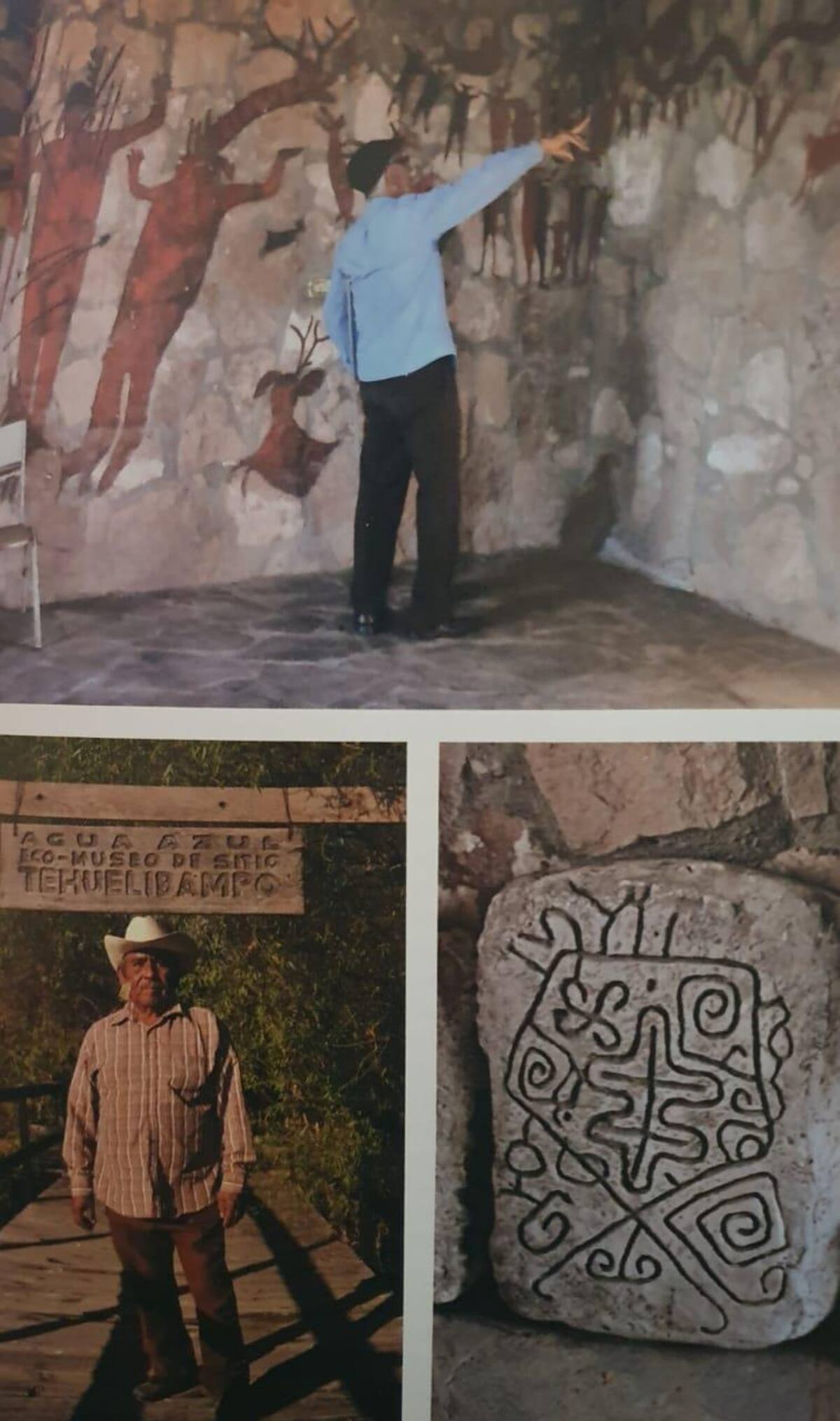 La revista Traveler de National Geographic publicó en sus páginas sobre el eco museo. Aquí aparece el maestro Lombardo Ríos Ramírez, (arriba) mostrando unas réplicas de pinturas y abajo Athalío Valenzuela Jusacamea, guardián del lugar, posa en la entrada.