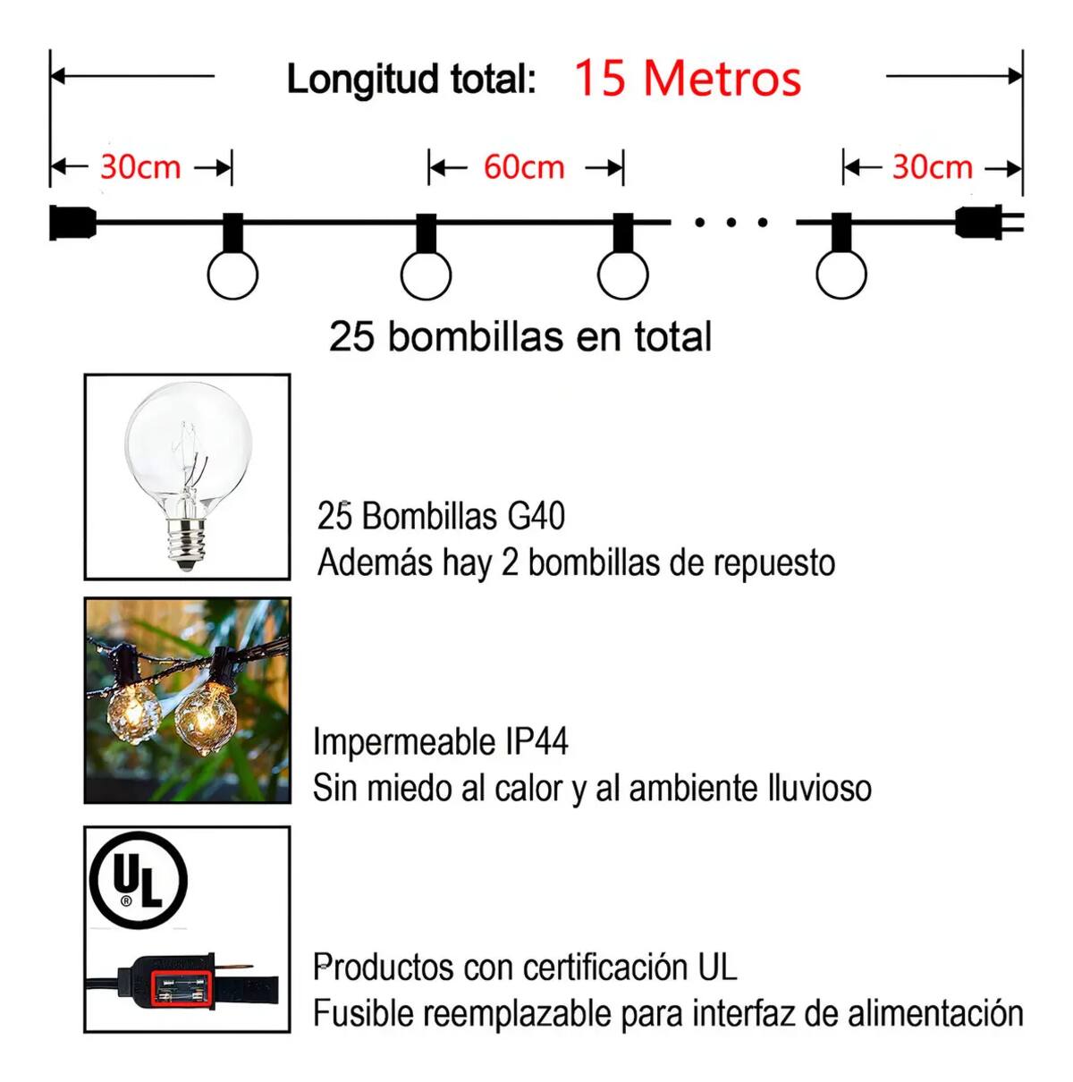 Guirnalda de luces para exterior de la marca Ununmx de 15 metros. | Mercado Libre
