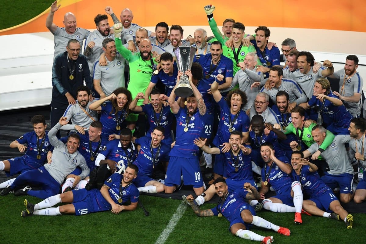 Chelsea festejando tras vencer al Arsenal 4-1 en la final de la Europa League 2018. Foto: AP